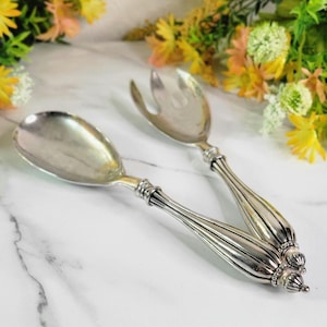 Vintage GODINGER Silverplate Salad Servers - 3-Tined Fork with Spoon - Solid and Heavy - 2 Piece Set