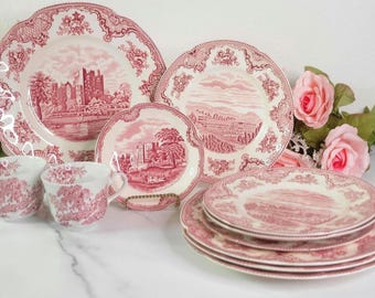 Vintage Johnson Brothers Red Transferware - &quot;Old Britain Castles&quot; - Scalloped Edge