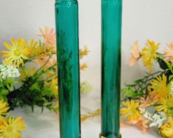 Vintage Handmade Teal Glass Bud Vase/Candlestick Holders with Gold Trim - Made in Spain - Set of 2