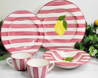 Vintage Los Angeles Pottery Pink Stripe Lemon Dinnerware - by Laurie Gates Design - Dinner Plate, Salad Plate, Rim Bowl, Teacup - Circa 1990