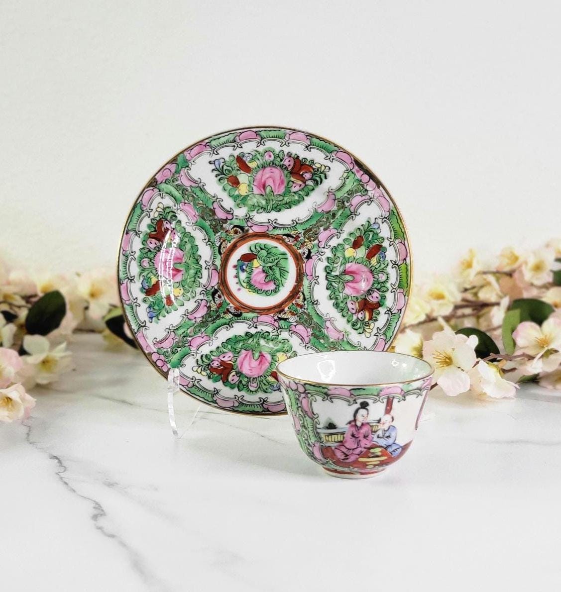 Vintage Famille Rose Teacups and Plates - Rose Medallion - Hand Decorated in Hong Kong