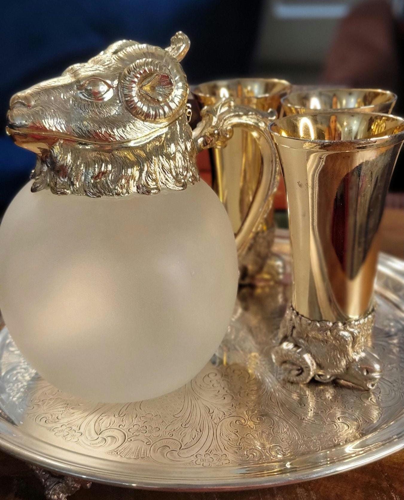 Silver Rams Head Pitcher and 4 Silverplated Stirrup Cups W
