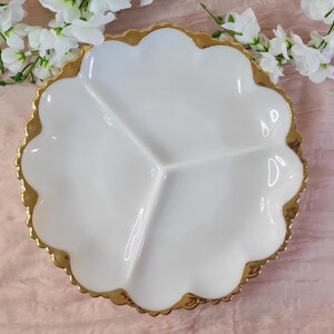 Milk Glass Divided Relish Dish with Gold Trim - Vintage Anchor Hocking Fire King