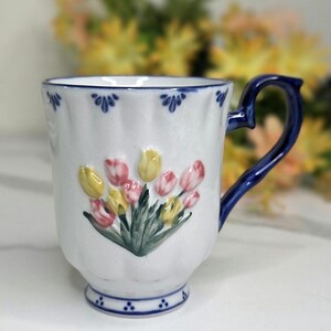 Vintage Royal Twickel Delftware Mug - Hand-Painted with Embossed Tulips - Single Cup - 3.25"