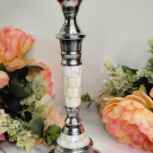 Vintage Silverplate Candle Holder with Mother of Pearl Inlay - Made in India - 12&quot;