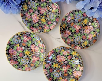 RARE Vintage Adderley Bone China Saucers - Chintz Pattern on Black - set of 4 - 5.75"