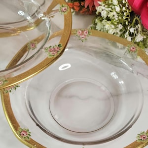 Vintage Clear Glass Rim Soup/ Pasta Bowls with Gold Gilt Rim and Pink Floral Motif - Set of 4