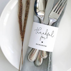 Editable Thankful Tag. Napkin Wrap. Personalized Name Card. Shower Tabletop Decor. Custom Place Setting. Christmas Thanksgiving Place Card.