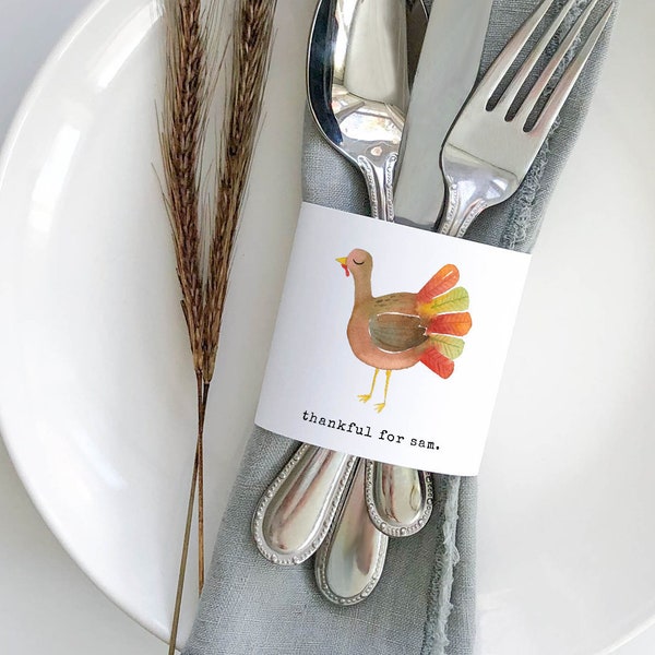 Thanksgiving Personalized Name Card. Editable Napkin Wrap. Thankful Tag. Tabletop Decor. Custom Place Setting. Fall Place Card.