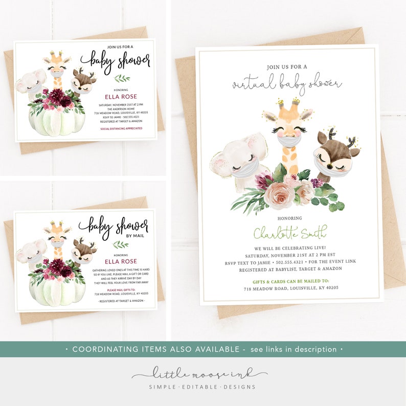 Baby Shower by Mail Invitation. Editable TEMPLATE. Fall Winter Baby Shower. Animals in Masks