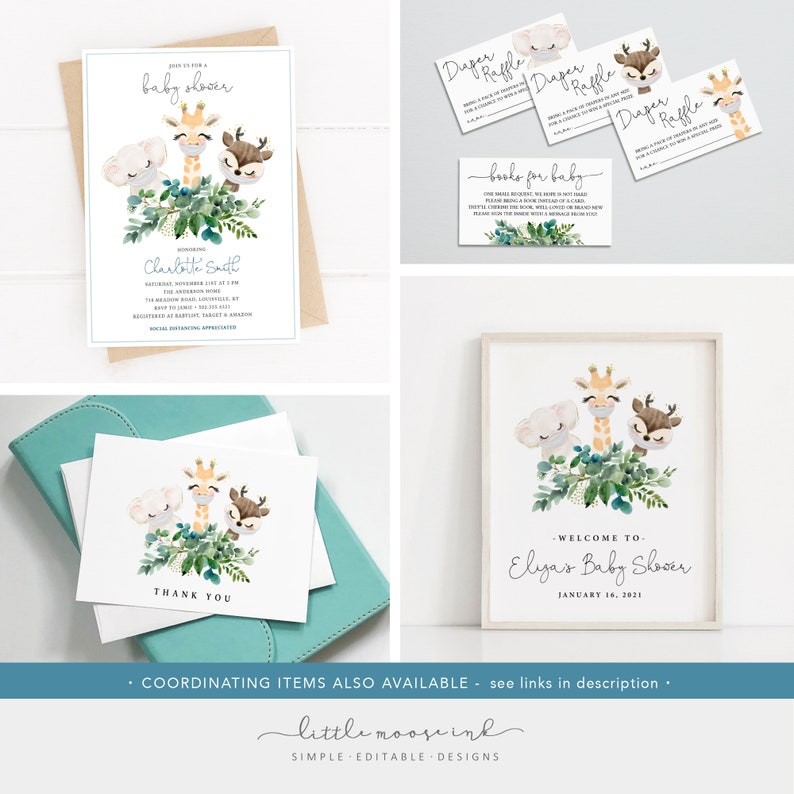 Baby Shower by Mail Invitation. Editable TEMPLATE. Fall Winter Baby Shower. Animals in Masks