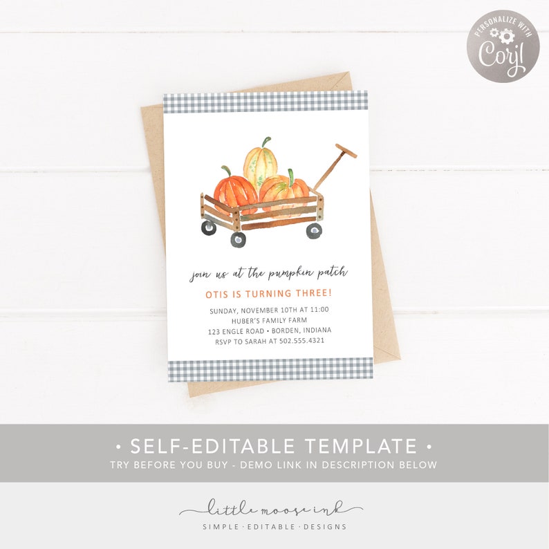TEMPLATE DIY 1st 2nd 3rd 5th Birthday Digital Invitation Corjl Boy Fall Birthday Halloween Birthday Pumpkin Patch Birthday Invitation