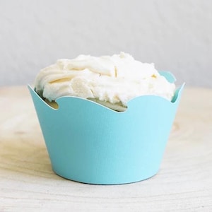 May include: A light blue cupcake liner with a scalloped edge, filled with white frosting.