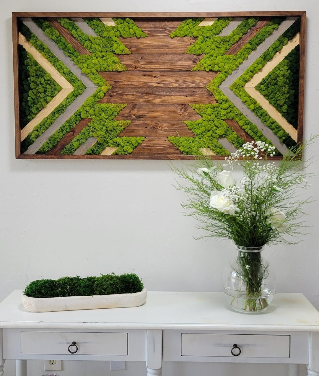 Handmade Geometric Wood Wall Art With Preserved Moss, Large Wooden Wall