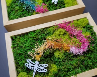 Moss wall art with  dragonflies.