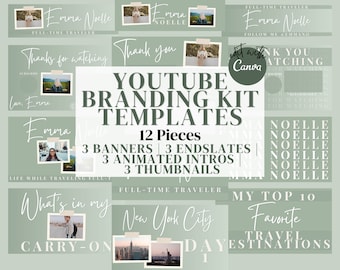 May include: A collage of 12 YouTube branding kit templates for social media. The templates feature a green background with white text and images. The text includes "YouTube Branding Kit Templates", "12 Pieces", "3 Banners", "3 Animated Intros", "3 Thumbnails", "Full-Time Traveler", "Emma Noelle", "What's in my Carry-On", "New York City", "My Top 10 Favorite Travel Destinations", and "Thanks for watching".