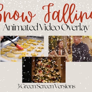 May include: Animated video overlay with falling snow effect. Three green screen versions are included. The overlay features a Christmas tree with lights, a family opening presents, and a person baking cookies.