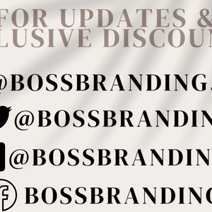 K&ouml;nnte beinhalten: Schwarz-wei&szlig;e Symbole f&uuml;r Instagram, Twitter, TikTok und Facebook mit dem Text "@BOSBRANDING.CO" und "BOSBRANDING" f&uuml;r jede Plattform.