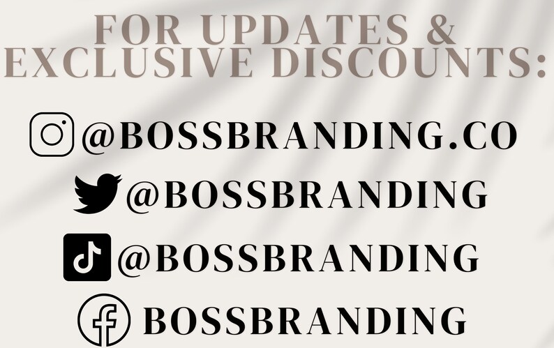 K&ouml;nnte beinhalten: Schwarz-wei&szlig;e Symbole f&uuml;r Instagram, Twitter, TikTok und Facebook mit dem Text "@BOSBRANDING.CO" und "BOSBRANDING" f&uuml;r jede Plattform.