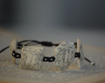 Handmade bracelet made from book pages, adjustable length cord.Book lover jewelry