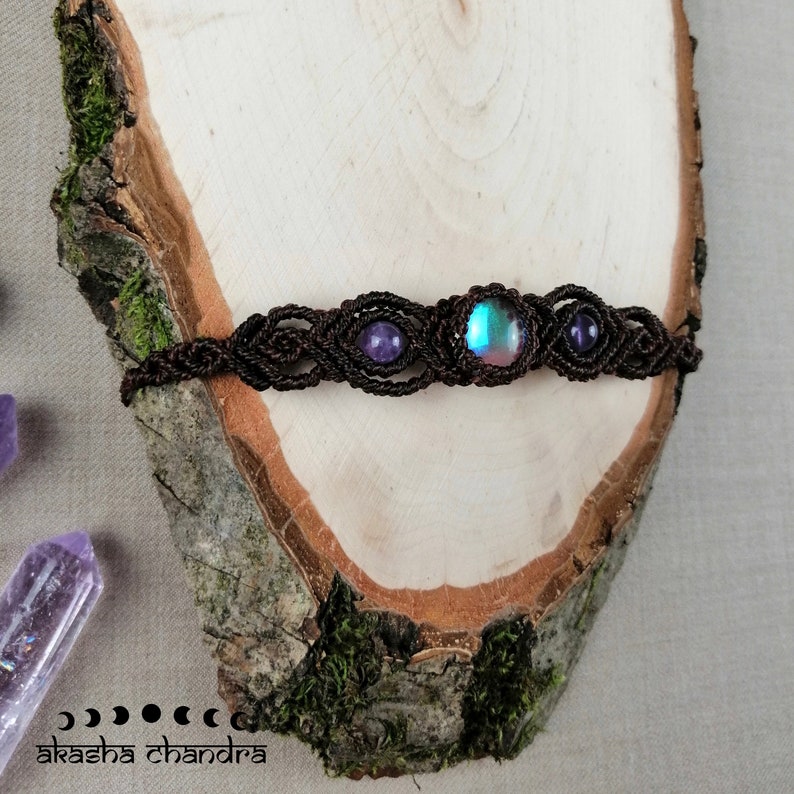 Aura Quartz Macrame Bracelet with Amethyst Gemstone Beads witchy Jewelry