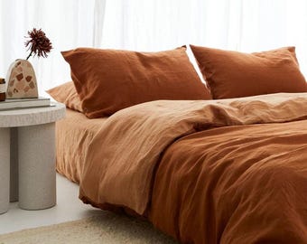 Linen Cinnamon & Sandalwood Linen duvet / dual color duvet cover with 4 pillow shames / tobacco duvet cover/ boho duvet cover Christmas Gift