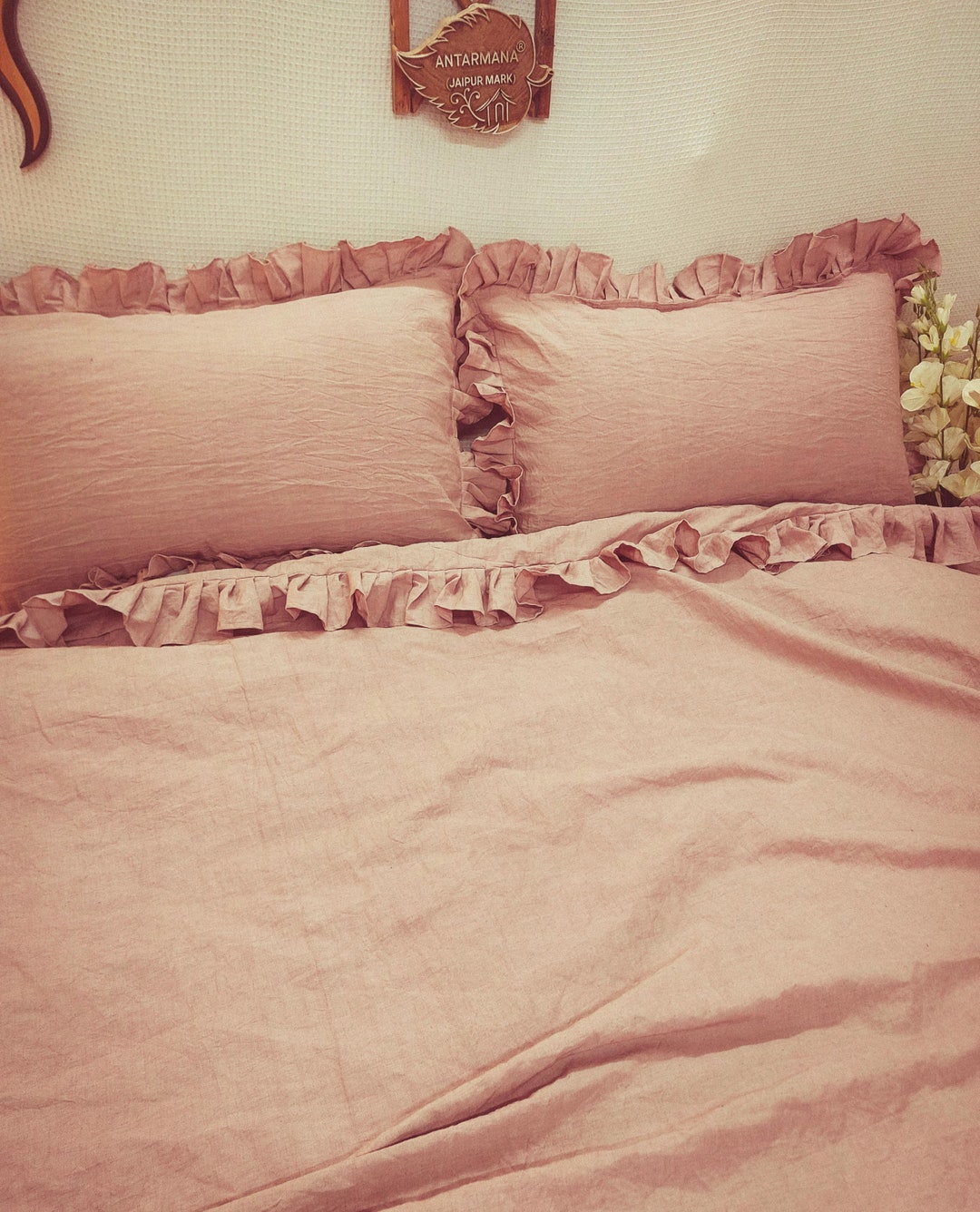 Linen 100% Clay Ruffle Duvet Cover With Button Closures / Softened ...