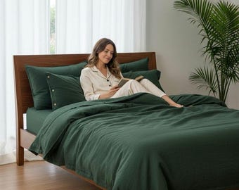 Forest Green Linen Duvet Cover Set, 100% Pure Cotton Bedding