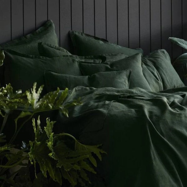 Leinen 100% Reiner Waldgrün Bettbezug / 3 stück Duvet Forest Green Bettwäsche Set/Tagesdecke König Größe/Tröster/Boho Bettwäsche/Quilt