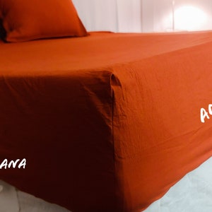 Linen 100% Burnt orange sheet / Dark Brunt orange Linen Bedding Set / Pure Organic Linen  Dark  Fitted Sheet With 2 Matching Pillow cases