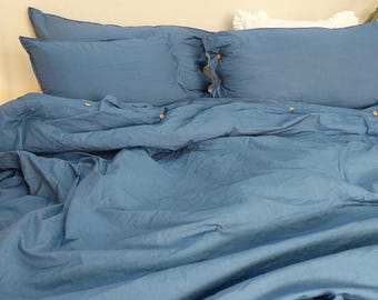 Blauwe dekbedovertrekset van biologisch katoen, ultrazacht, knoopsluiting