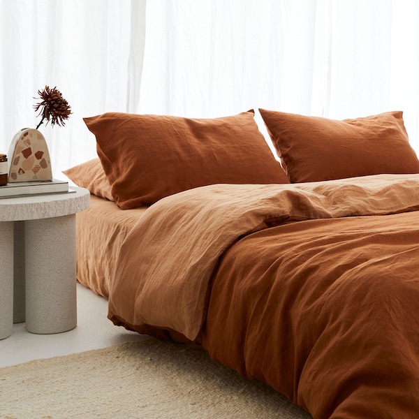 Cinnamon & Sandalwood Linen duvet / dual color duvet cover with 4 pillow shames / tobacco duvet cover/ boho duvet cover Christmas Gift