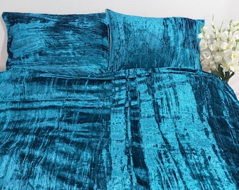 Luxury Teal Blue Velvet Duvet Cover Set, Boho Bedding
