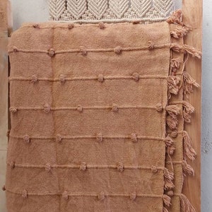 Hand Loom Cotton Throw Blanket | Rust  Wool Loops Throw Blanket | Cotton Sofa Throw