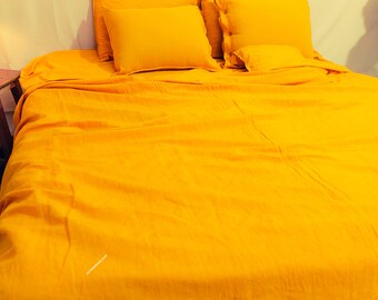 Mustard Linen Sheet Set, 100% Cotton Bedding