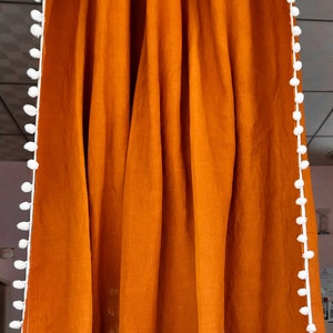 Brunt Orange POM POM Washed Linen Long Curtain/2 Panels Solid Farmhouse and Modern Linen Curtains for Living Room
