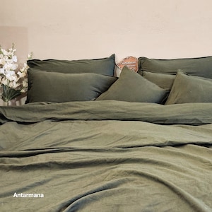 Linen 100% Olive Green Linen and Washed Cotton Duvet Cover / Duvet Cover Twin Full Double/Queen King Toddler - Cotton Bedding