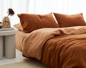 Cinnamon & Sandalwood Linen Duvet /Dual Color Duvet Cover With 4 Pillow Shames / Tobacco Duvet Cover/ Boho Duvet Cover Christmas Gift