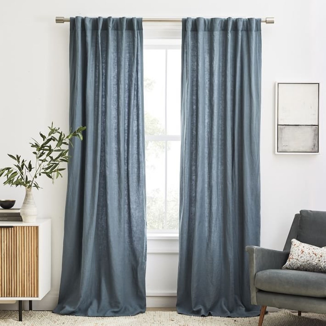 Dusty Blue Color Long Linen Curtain Linen Window Drapes Etsy