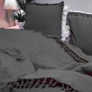 3-teiliges ultraweiches Bettwäscheset aus schwarzer Baumwolle mit Fransen