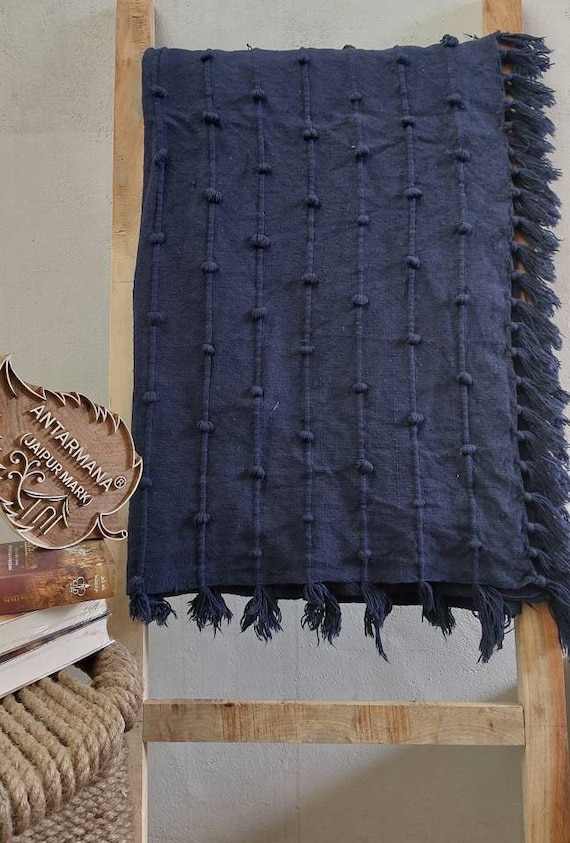 Hand Loom Cotton Throw Blanket Dark Navy Blue Wool Loops Throw