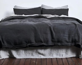 Charcoal Black Linen Duvet Cover Set, 3-Piece Organic Cotton Bedding