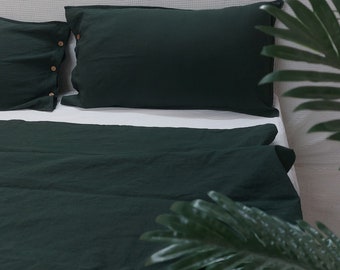 Linen 100%  Emerald Green Duvet Cover With button-Washed Green Duvet Cover With Two Pillow Cases - Green Bedding Set Express Delivery