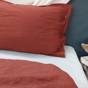 Linen 100% Pure Duvet Cover in Terracotta Red/ Washed Cotton Duvet Cover/ Ultra Soft And Easy Care Bedding Set/ 3 Piece set