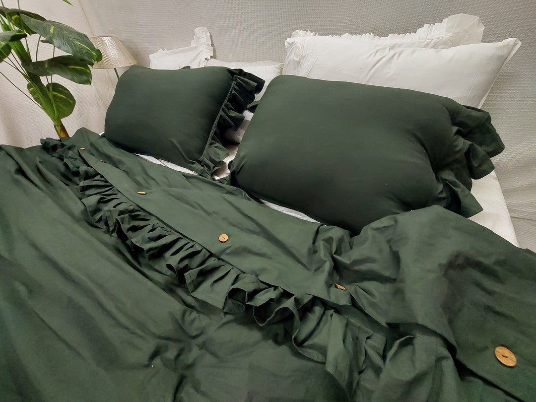 Linen 100 Olive Green/dark Olive Green Duvet Cover With Button/ribbon