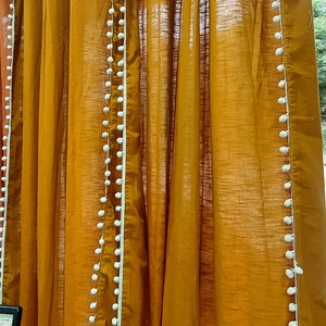 Yellow Musterd  POM POM Washed Linen Long Curtain/2 Panels Solid Farmhouse and Modern Linen Curtains for Living Room Bedroom Door