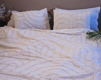 Cotton Tufted Duvet Cover Set, Boho Fringed Bedding