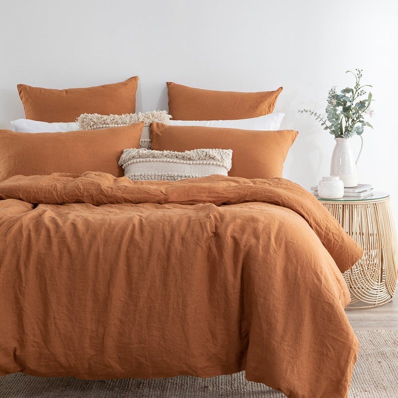 Linen 100% Pure Rust Orange Duvet Cover Washed Cotton Duvet Cover With Matching Pillow cases / Rust Orange Bedding Set /Rust Bedding Set image 3