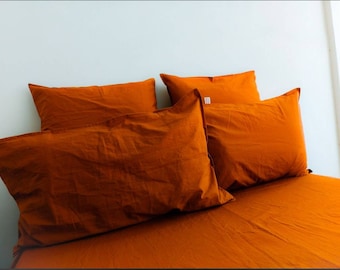 Burnt Orange Linen Duvet Cover with Pillow Shams, Organic Cotton Bedding