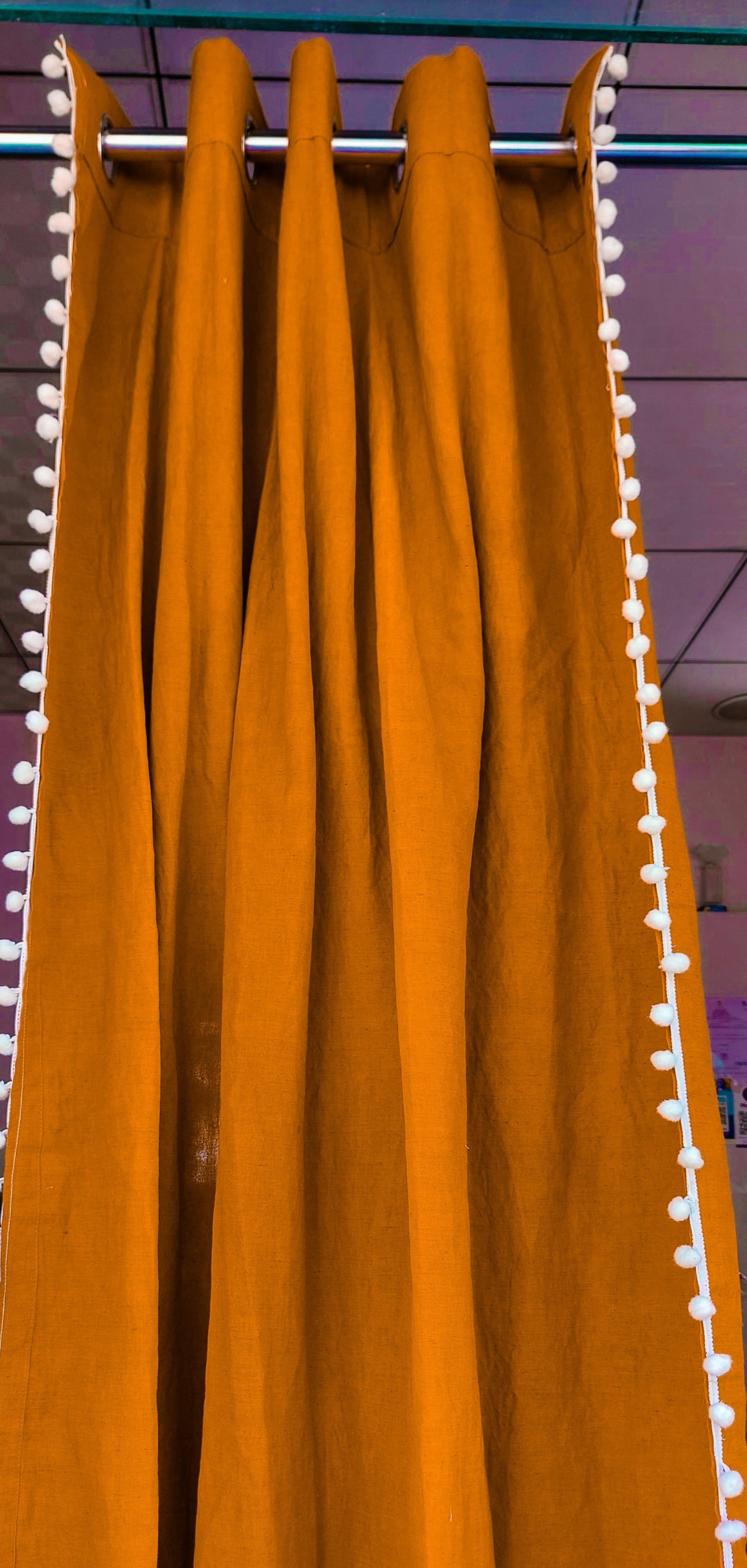 Tobacco Linen Curtain Panel: Cinnamon Pom Pom, Farmhouse Style - Etsy